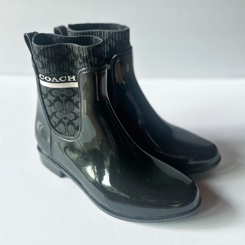 Coach Black Glossy Logo-Trim Rain Ankle Boots - Rivington